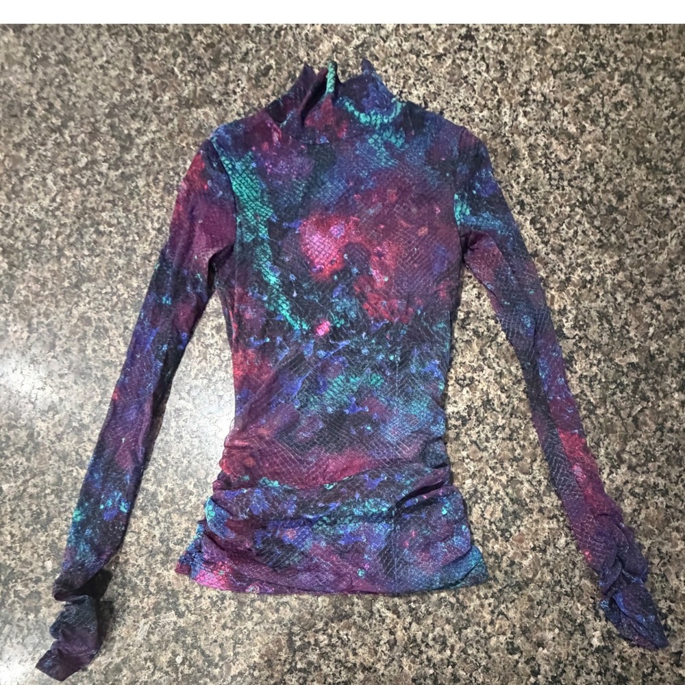INC International Concepts Galaxy Snakeskin Mesh Ruched Mock Neck Top XS Purple